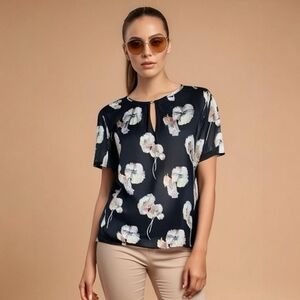 Ann Taylor Navy Blue Sheer Floral Keyhole Top M Loose Fit Short Sleeve Blouse